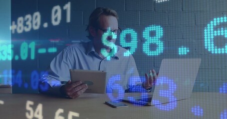 Poster - Animation of financial data processing over caucasian businessman using tablet