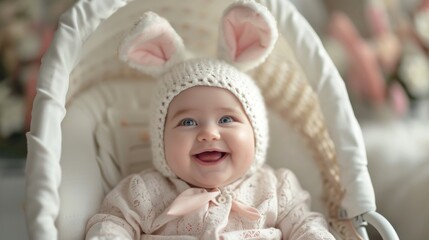 Wall Mural - Laughing happy baby girl sitting in a white stroller in a bunny dress-up