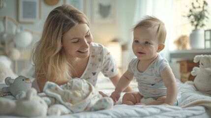 Wall Mural - A mother and her baby are changing diapers on the changing table. Daycare center