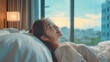 Easy lifestyle Asian woman waking up from good sleep in weekend morning taking some rest, relaxing in comfort bedroom at hotel window, generative ai