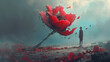 Life and freedom and hope concept Imagination, human sculpture, digital artwork illustration. hope, freedom, life, different, contrast concept, imagination red flower on broken human, Generative Ai
