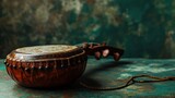 Vintage Tambourine and Wooden Flute on Rustic Surface with Artistic Textured Background