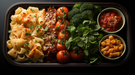 Wall Mural - Healthy food from different components laid out in cells in a lunch box, top view.