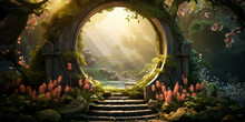 Enchanted Garden Gateway Overgrown With Lush Greenery And Flowers, Inviting To A Mystical Journey In A Sunlit Glade