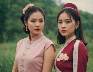 Retro image of two young Asian women. AI generation