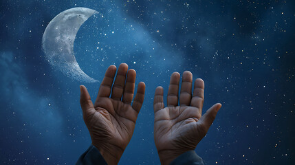 Wall Mural - Hands of an Islamic man asking for blessings from the gods. Background with half moon and starry sky.