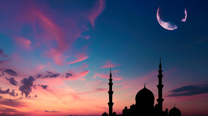 Silhouette of Mosques dome on dusk sunset sky and crescent moon symbol religion of Islamic