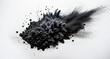 on a white background, powder dust, paint black explosion, isolated splatter abstract. background black smoke particles explosive carbon pattern makeup black splash