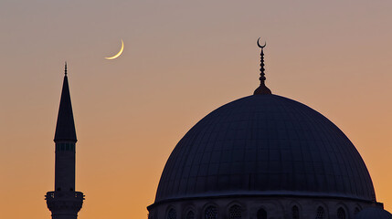 Silhouette of Mosques dome on dusk sunset sky and crescent moon symbol religion of Islamic