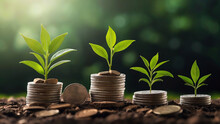 Little Plant And Pile Of Coins, Concept Of Investment And Savings. Finance Concept Background. 