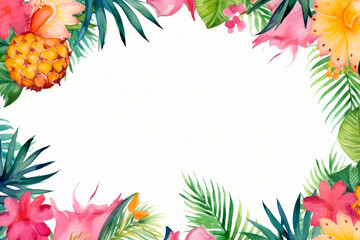 Canvas Print - Watercolor painting of tropical flowers and leaves on white background.