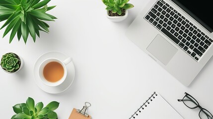 Stylish office table desk. Workspace with laptop, diary, succulent on white background. Flat lay, top view 