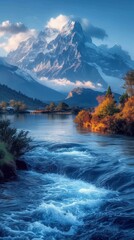 Wall Mural - A serene river flows in the foreground with autumn trees and majestic snow-capped mountains in the background., generative ai