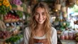 © TheGoldTiger - A smiling woman wearing an apron stands in a vibrant produce shop filled with fresh flowers., generative ai