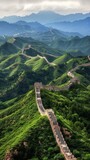 Fototapeta Góry - The Great Wall of China snakes through lush green hills under a dramatic, cloudy sky., generative ai