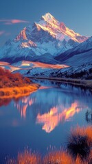 Wall Mural - Snow-capped mountain reflected in tranquil water amidst golden-hour light with surrounding grass and clear sky., generative ai