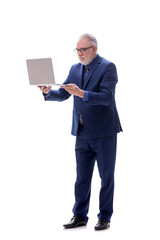 Wall Mural - Old businessman holding laptop isolated on white