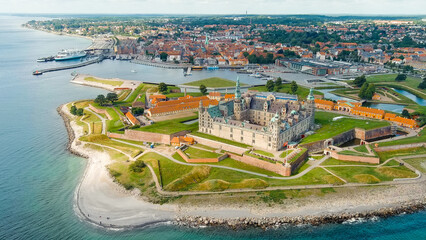 Sticker - Helsingor, Denmark. A 16th-century castle with a banquet hall and royal chambers. The prototype of Elsinore Castle in the play Hamlet, Aerial View