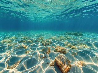 Underwater scene with clownfish swimming near rocks and coral. The ocean floor is covered in sand and the water is blue with ripples from sunlight shining through.