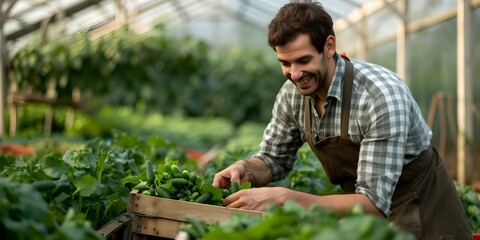 Canvas Print - Smiling man harvesting fresh vegetables in a sunlit greenhouse. contemporary organic farming. sustainable lifestyle. gardener working with care. AI