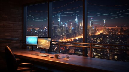 Poster - Focused businessman analyzing marketing stats and financial graphs on desktop monitor in office setting