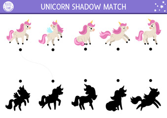 Wall Mural - Unicorn shadow matching activity with cute horses with horns and pink mane. Magic world puzzle with cute characters. Find correct silhouette printable worksheet, game. Fairytale page for kids.