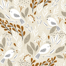 Seamless botanical pattern with white birds and floral surrounding. Delicate bird texture for fabric, textile, wallpaper. Vector illustration