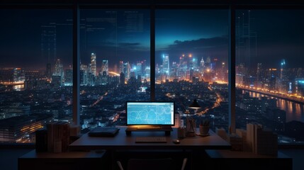 Poster - Focused businessman analyzing marketing stats and financial graphs on desktop monitor in office setting