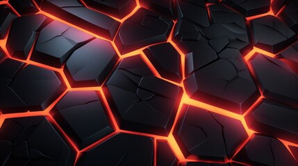 Poster - Abstract digital art of a dark hexagonal surface with glowing red lava cracks.
