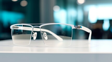 Sticker - Sleek, modern eyeglasses with a minimalist design, displayed on a reflective surface.