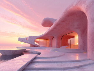 Wall Mural - A large, rectangular concrete structure with a pink, peach, and purple sky in the background. The structure sits on a flat surface