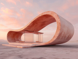 Wall Mural - A large, rectangular concrete structure with a pink, peach, and purple sky in the background. The structure sits on a flat surface