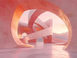 Wall Mural - A large, rectangular concrete structure with a pink, peach, and purple sky in the background. The structure sits on a flat surface