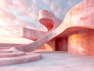 Wall Mural - A large, rectangular concrete structure with a pink, peach, and purple sky in the background. The structure sits on a flat surface