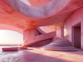 Wall Mural - A large, rectangular concrete structure with a pink, peach, and purple sky in the background. The structure sits on a flat surface