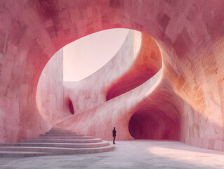 Wall Mural - A large, rectangular concrete structure with a pink, peach, and purple sky in the background. The structure sits on a flat surface