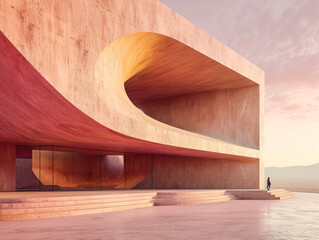 Wall Mural - A large, rectangular concrete structure with a pink, peach, and purple sky in the background. The structure sits on a flat surface