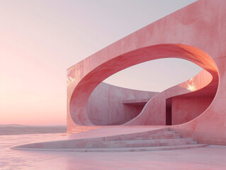 Wall Mural - A large, rectangular concrete structure with a pink, peach, and purple sky in the background. The structure sits on a flat surface