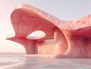 Wall Mural - A large, rectangular concrete structure with a pink, peach, and purple sky in the background. The structure sits on a flat surface