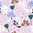 Seamless floral pattern with hand drawn flowers, branches. Blossom bright texture with flowers. Vector illustration