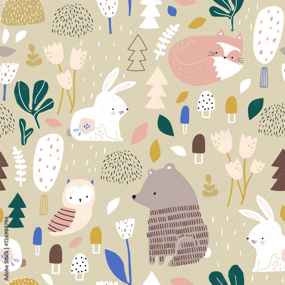 Vector de Stock Seamless forest pattern with bear, bunny, owl, fox and ...