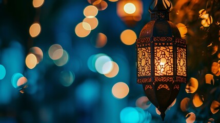 Hanging Ornamental Arabic lantern glowing in night invitation for Muslim holy month Ramadan Kareem