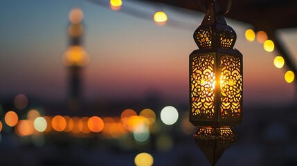 Wall Mural - Hanging Ornamental Arabic lantern glowing in night invitation for Muslim holy month Ramadan Kareem