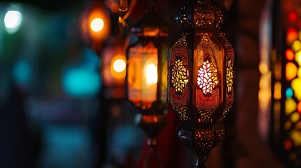 Hanging Ornamental Arabic lantern glowing in night invitation for Muslim holy month Ramadan Kareem