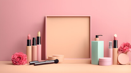 3d beauty fashion banner template designed with makeup cosmetic tools. minimal pink pastel backgroun