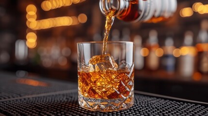 Canvas Print - Barman pouring whiskey whiskey glass beautiful night 