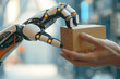 © Infinite Gallery - Automated Robotic Arm Handing Over a Package to Human Hand. generative AI