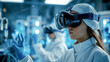 A woman in a lab coat immerses herself in a virtual reality environment, exploring new technological frontiers.