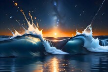 Close Up Of Waves In The Ocean With Sunset Background, Stars, Dark Sky And Copy Space Area