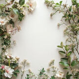 Fototapeta Kwiaty - Elegant composition featuring white flowers with vibrant green leaves set against a white backdrop